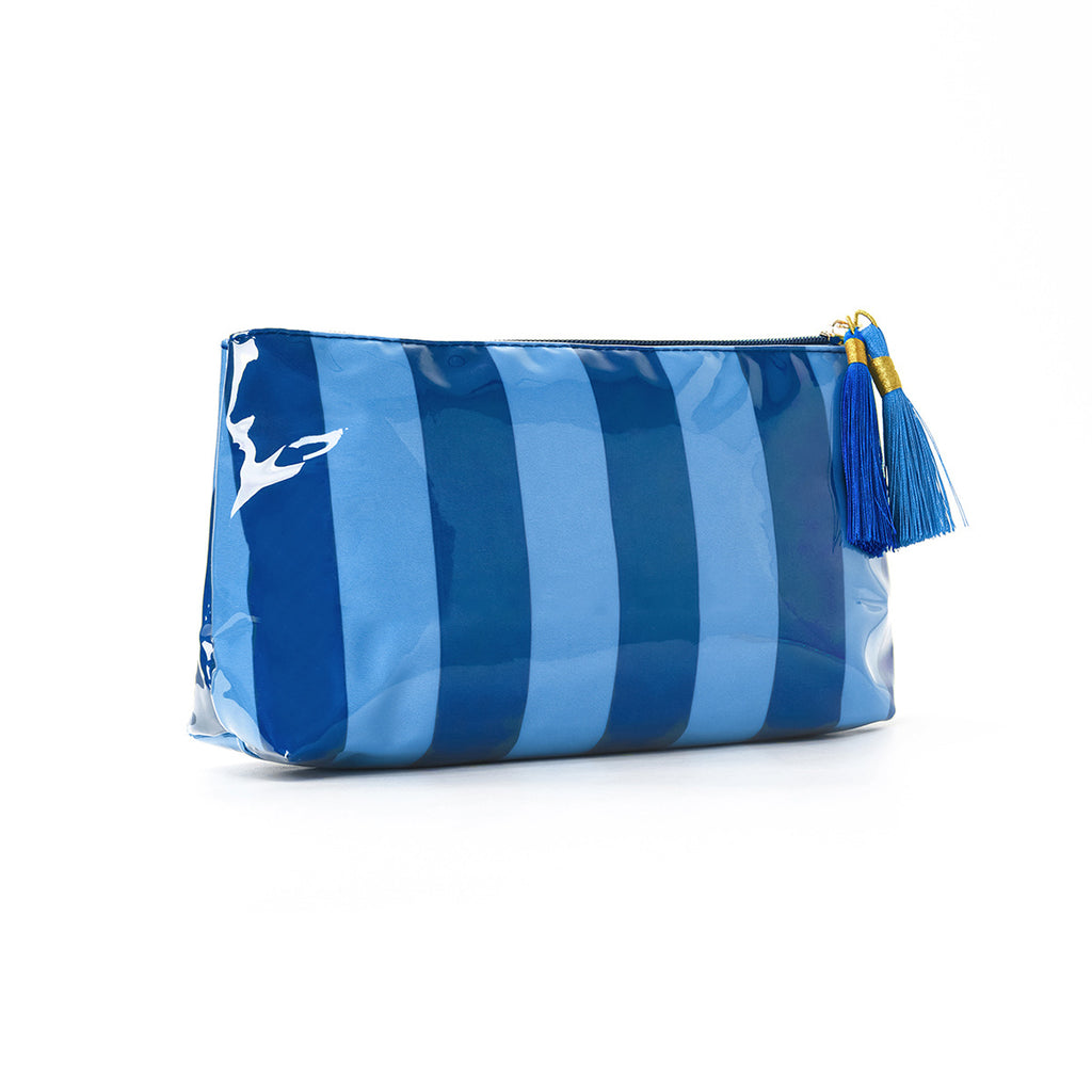 Tassel-Zip Glossy Striped Makeup Pouch - WTBlue