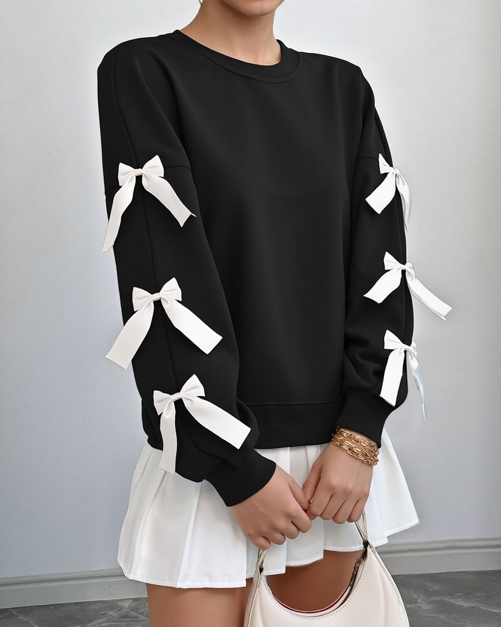 Ribbon Bow Sleeve Crew Neck Sweatshirt - Black