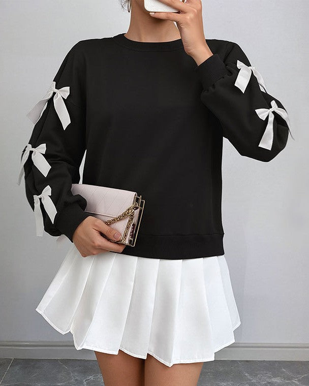 Ribbon Bow Sleeve Crew Neck Sweatshirt - Black - 1