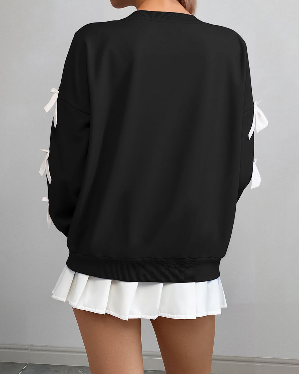 Ribbon Bow Sleeve Crew Neck Sweatshirt - Black - 2