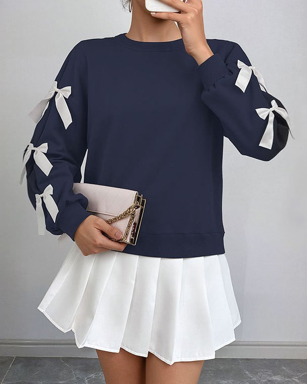 Ribbon Bow Sleeve Crew Neck Sweatshirt - Dark-Blue