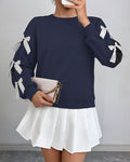 Ribbon Bow Sleeve Crew Neck Sweatshirt - Dark-Blue