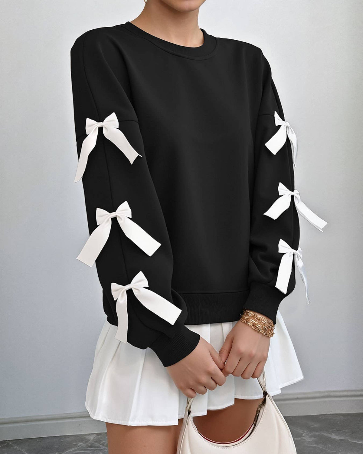 Ribbon Bow Sleeve Crew Neck Sweatshirt