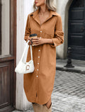 Corduroy Collared Midi Shirt Dress - Brown