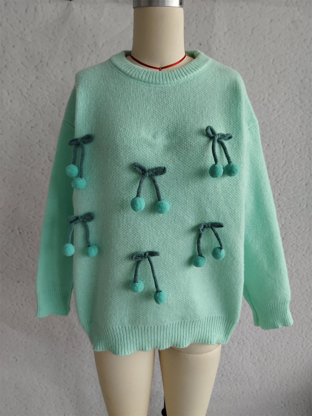 Cherry And Bow Applique Knit Sweater - Green