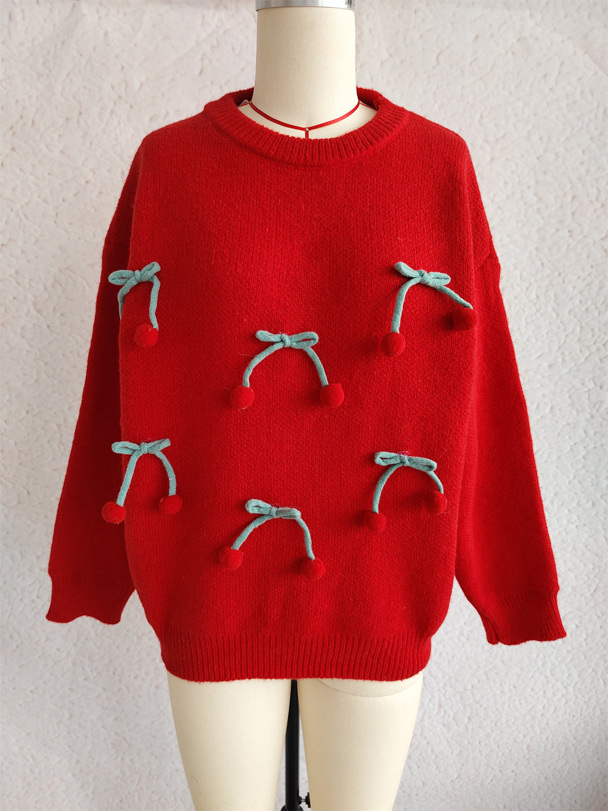 Cherry And Bow Applique Knit Sweater - Red