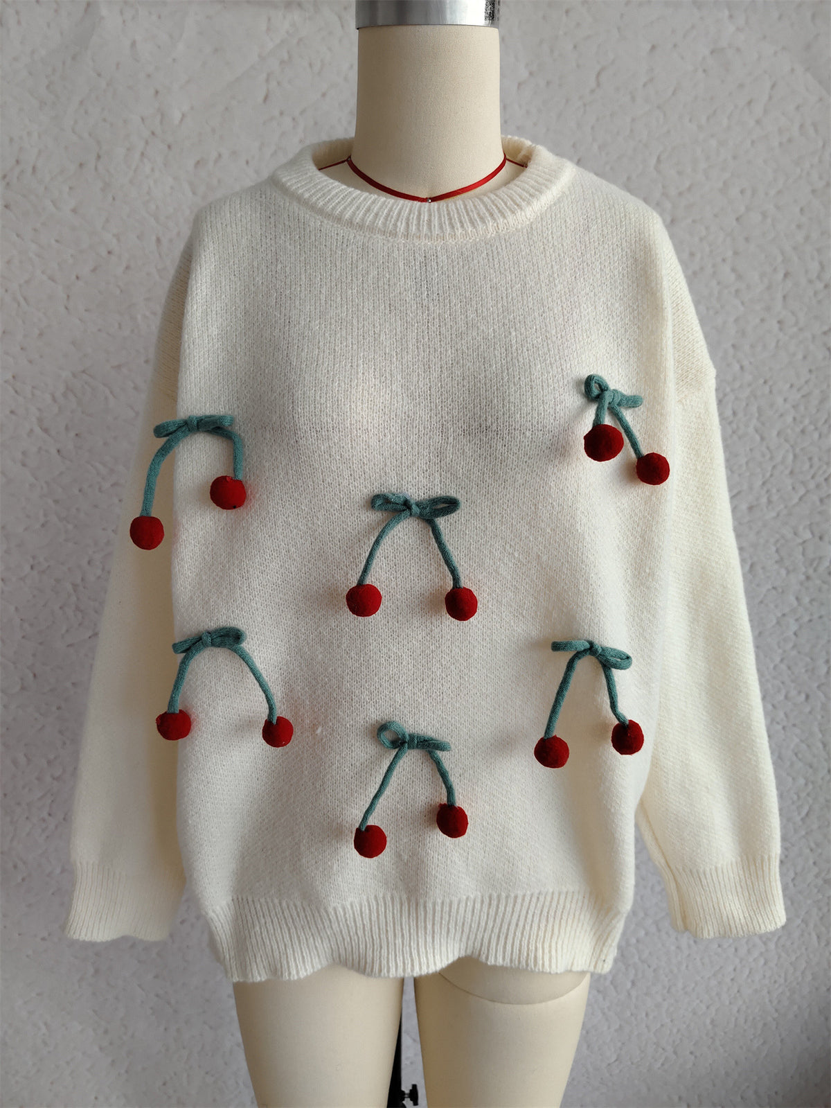 Cherry And Bow Applique Knit Sweater - White