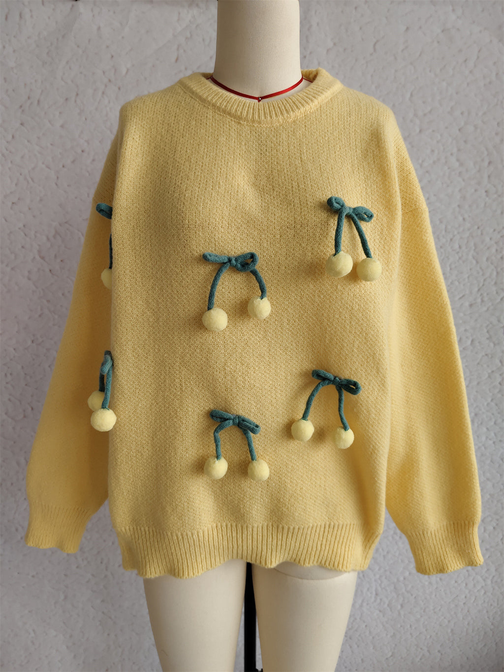 Cherry And Bow Applique Knit Sweater - Yellow