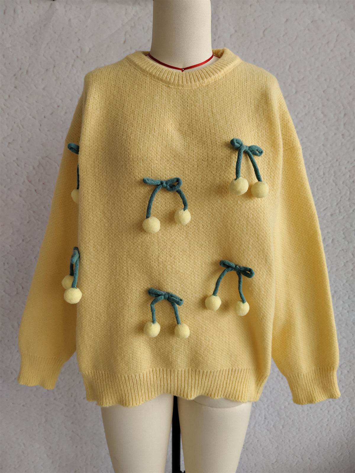 Cherry And Bow Applique Knit Sweater - Yellow