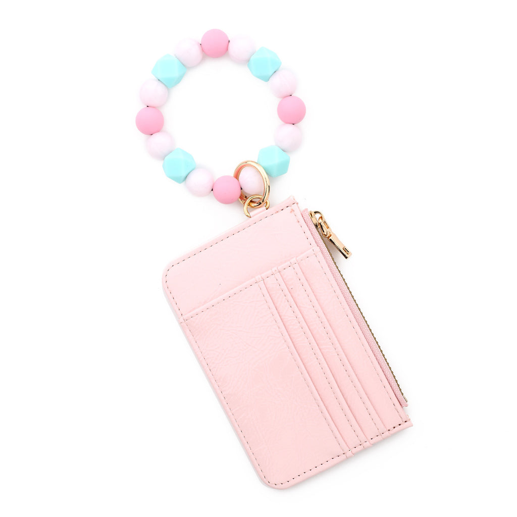 Silicone Bead Bangle Zip Wristlet Card Holder - Pink