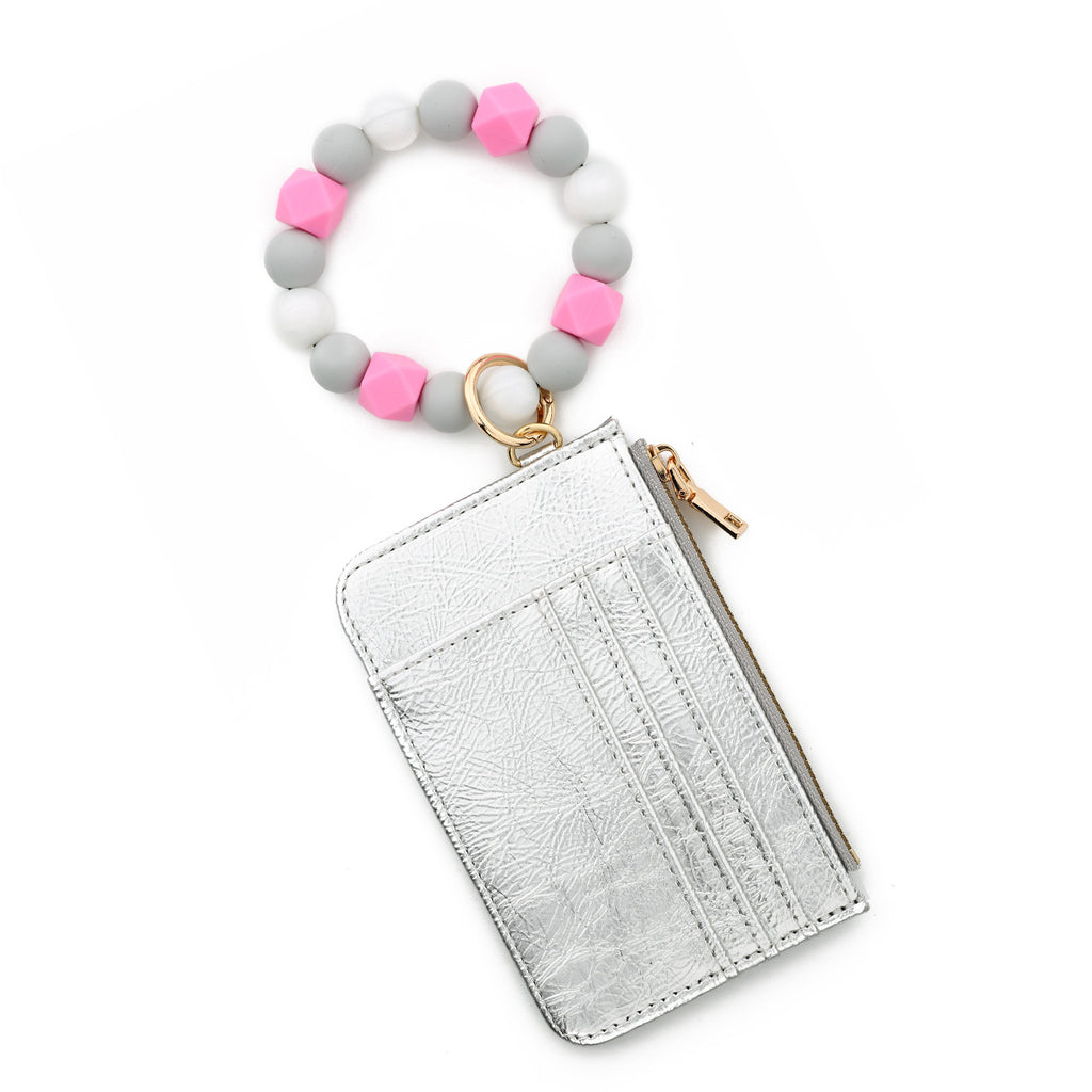Silicone Bead Bangle Zip Wristlet Card Holder - Silvery