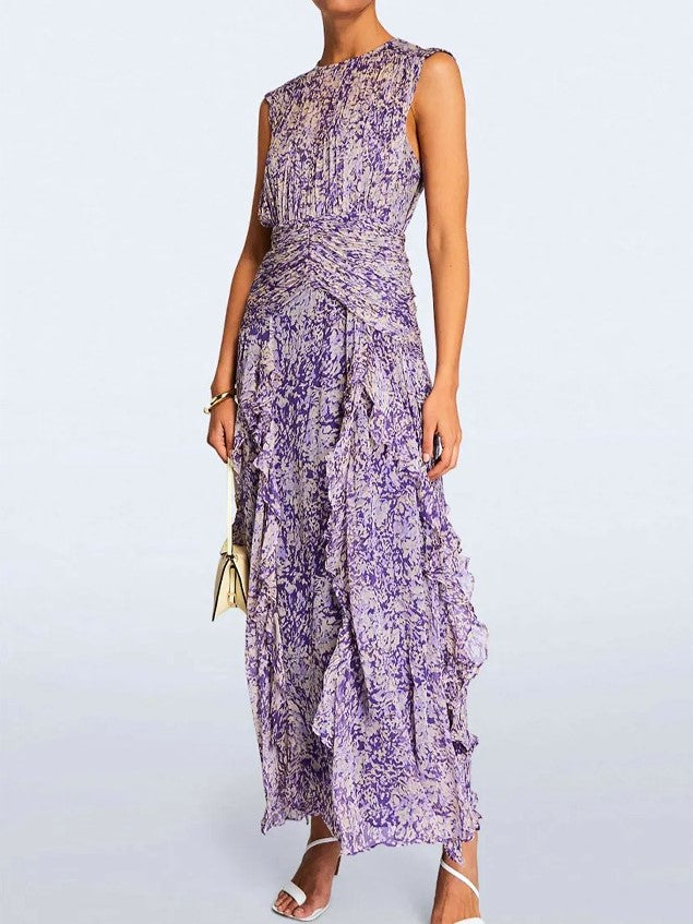 Ruffled Tiered Sleeveless Floral Maxi Dress - Purple