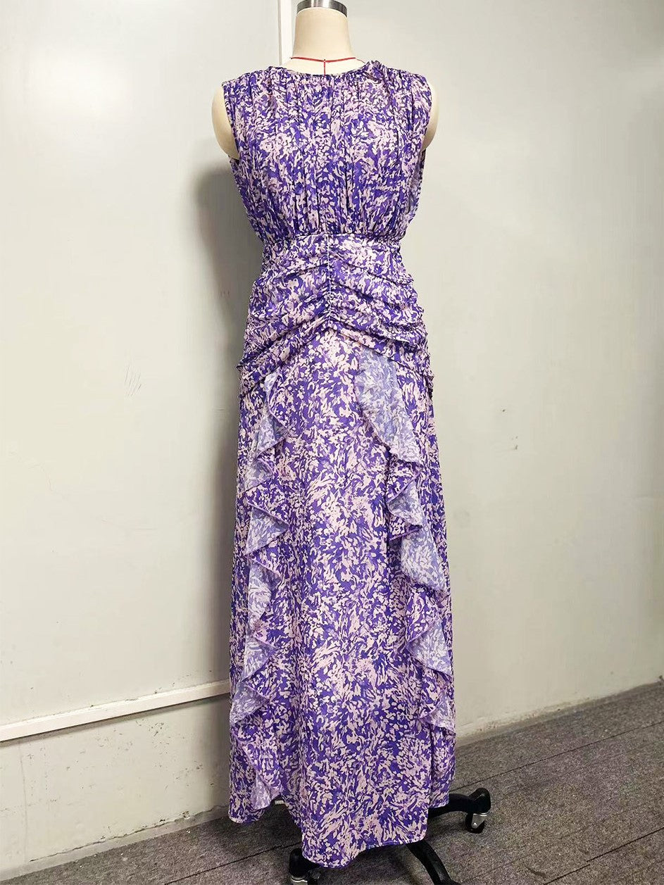 Ruffled Tiered Sleeveless Floral Maxi Dress - Purple - 1