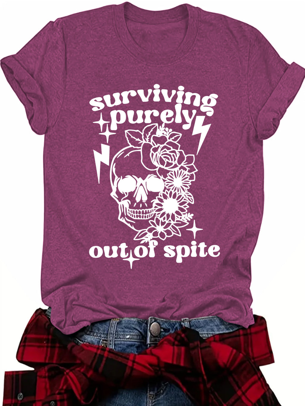 Wildflower Skull Slogan Short Sleeve Tee - Berry