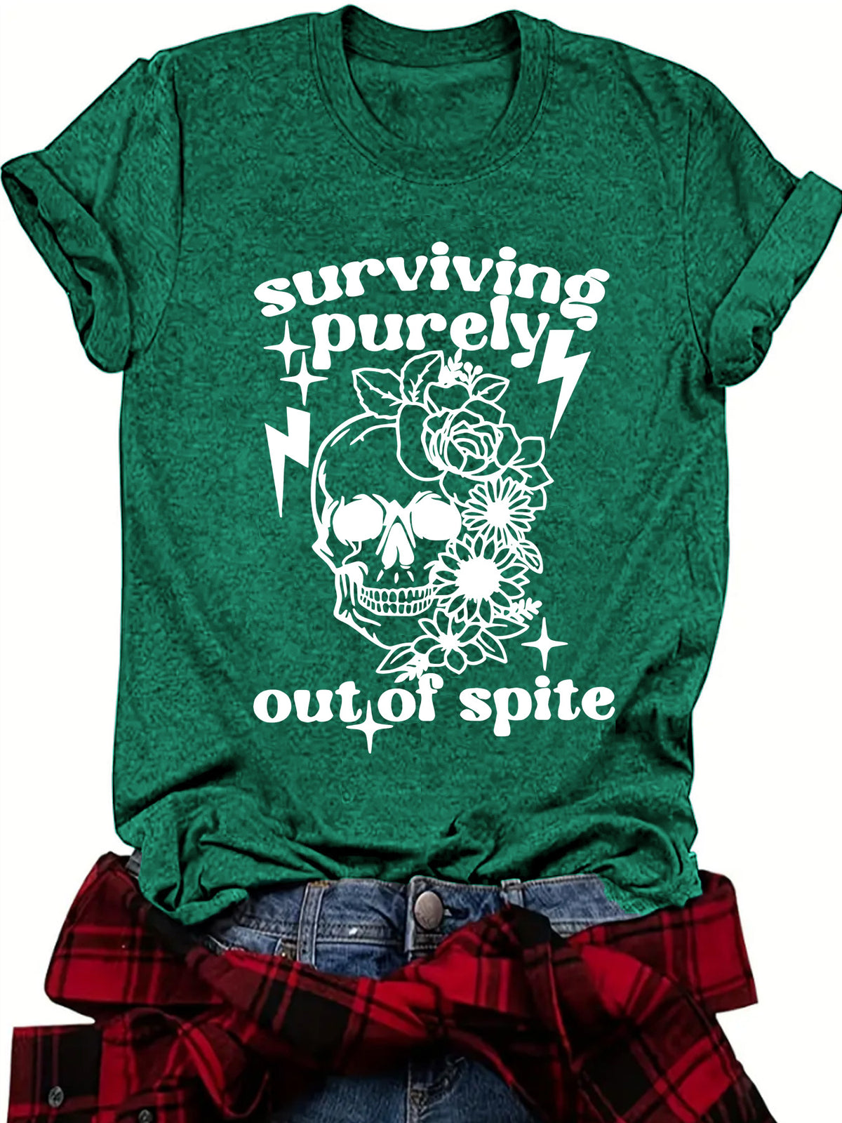 Wildflower Skull Slogan Short Sleeve Tee - Green