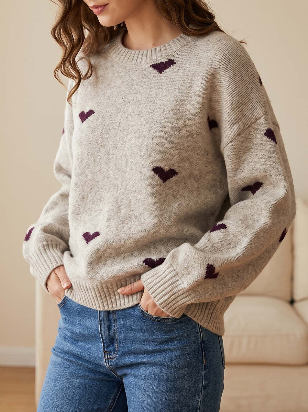Heart Pattern Crew Neck Knit Sweater - Beige
