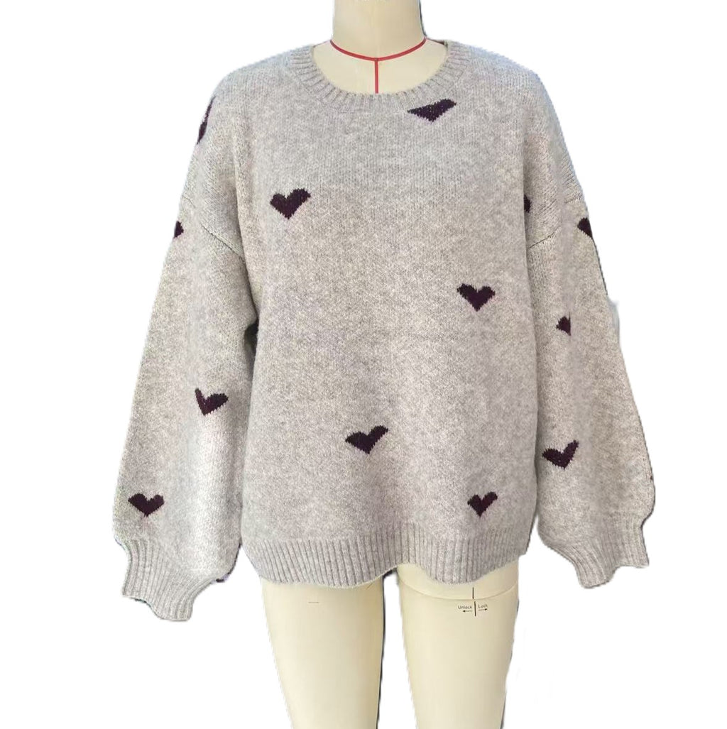 Heart Pattern Crew Neck Knit Sweater - Beige - 1