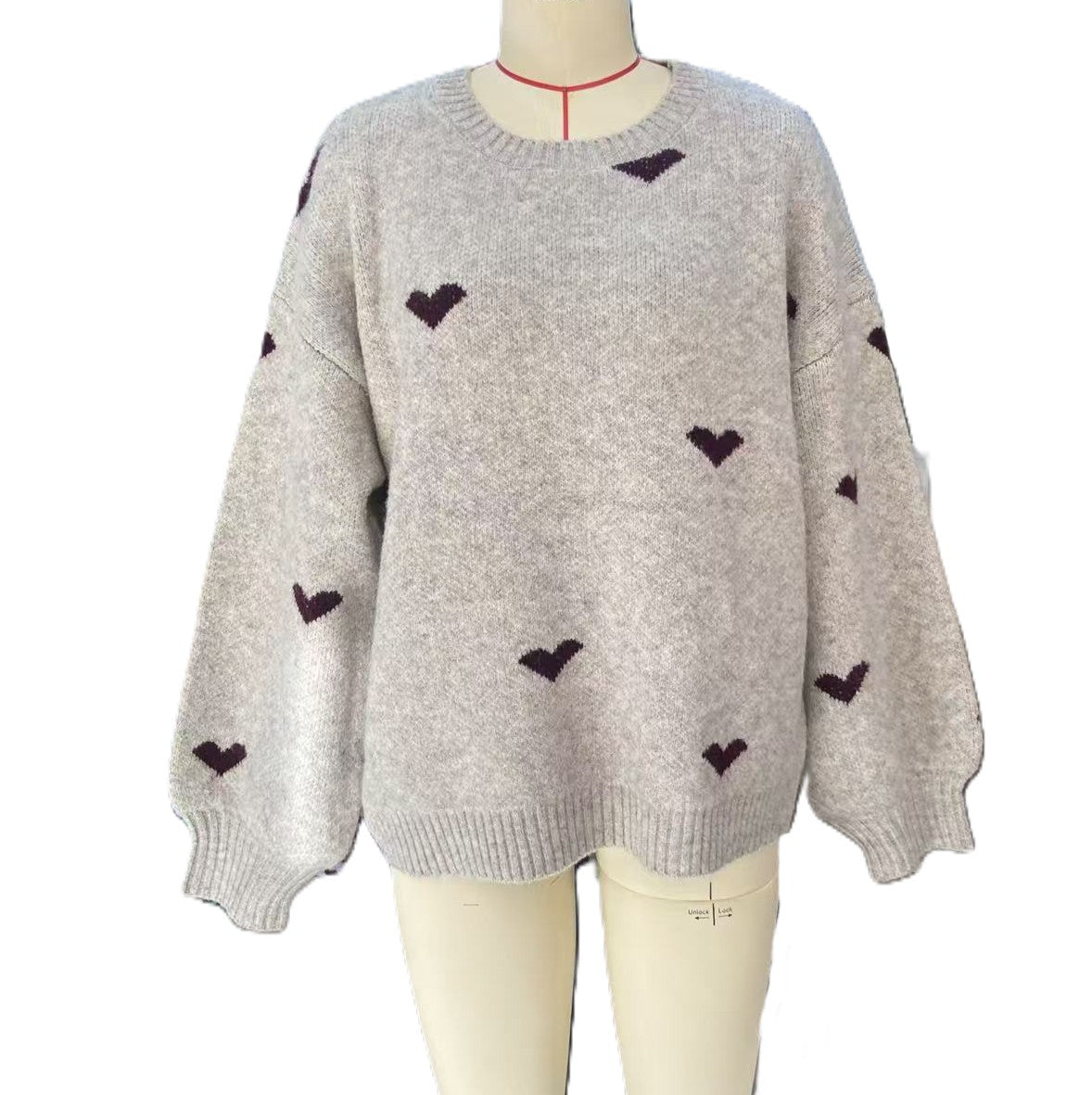 Heart Pattern Crew Neck Knit Sweater - Beige - 1