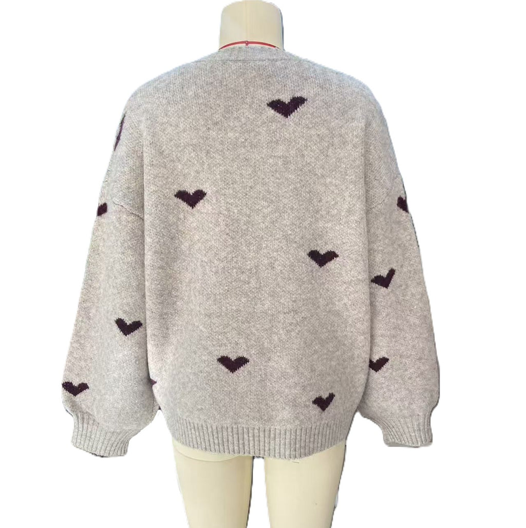 Heart Pattern Crew Neck Knit Sweater - Beige - 2