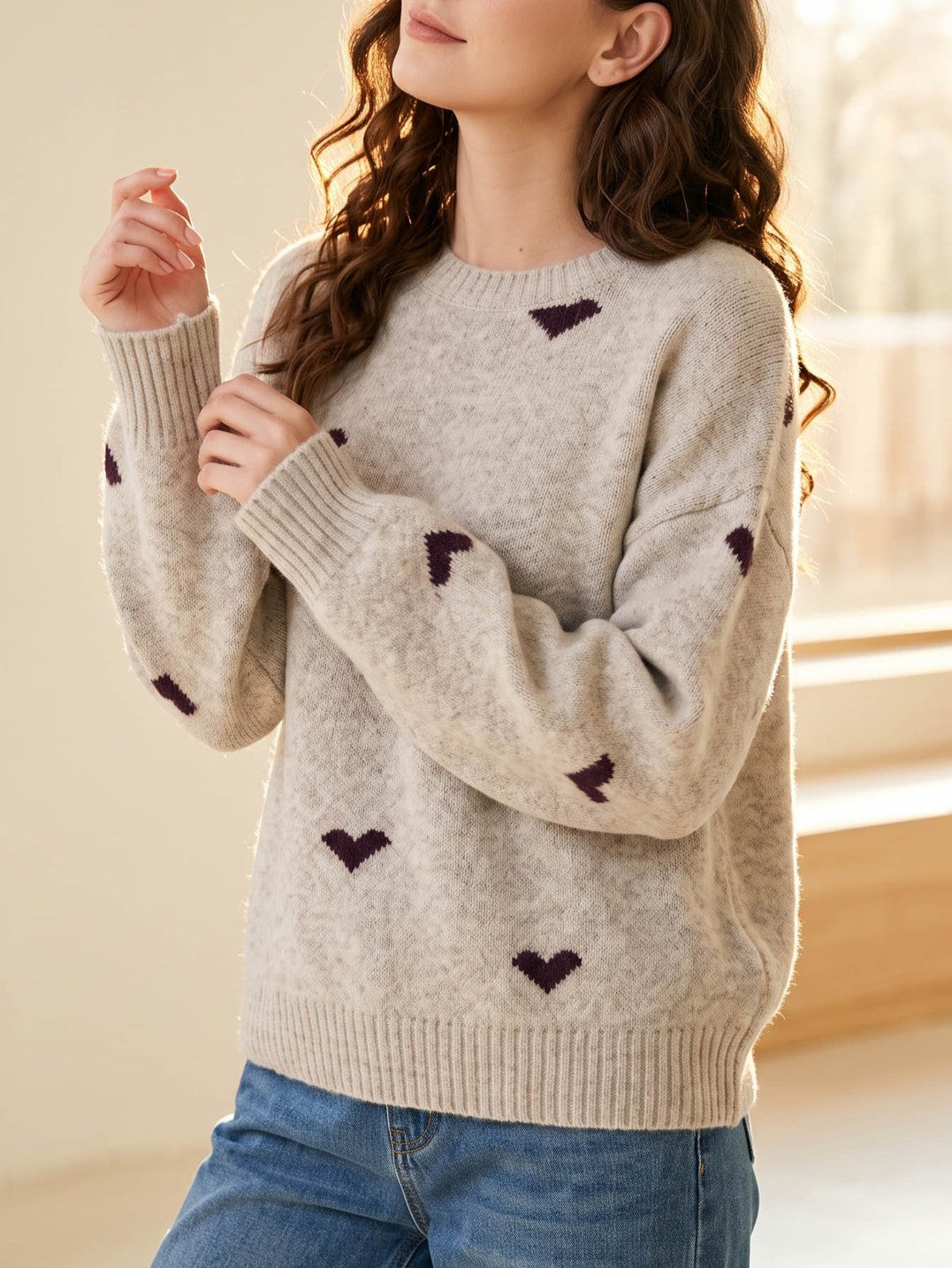 Heart Pattern Crew Neck Knit Sweater - Beige - 3