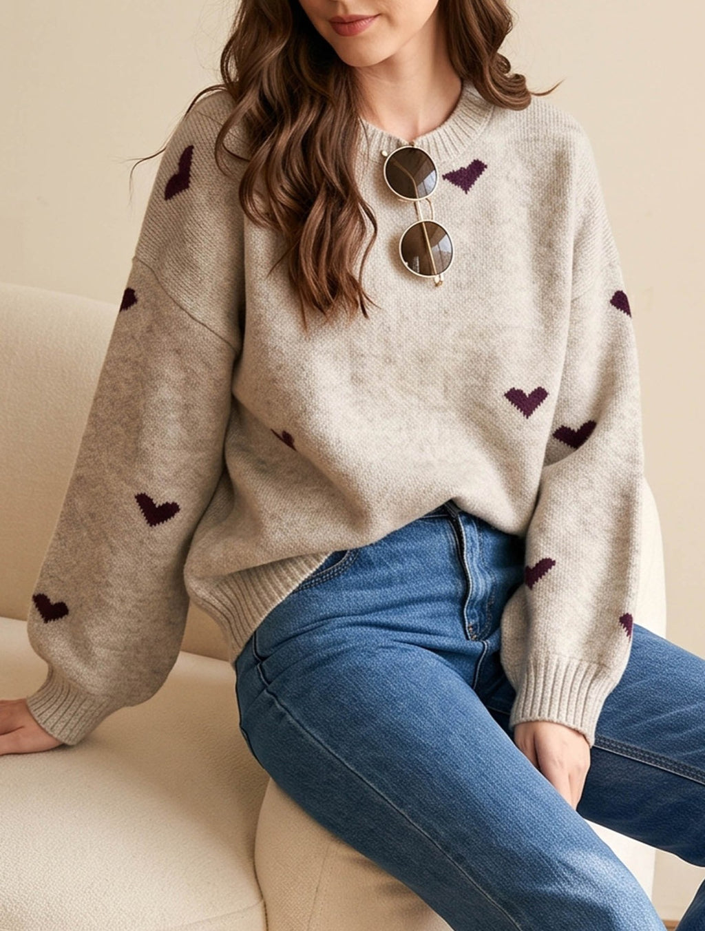 Heart Pattern Crew Neck Knit Sweater - Beige - 4