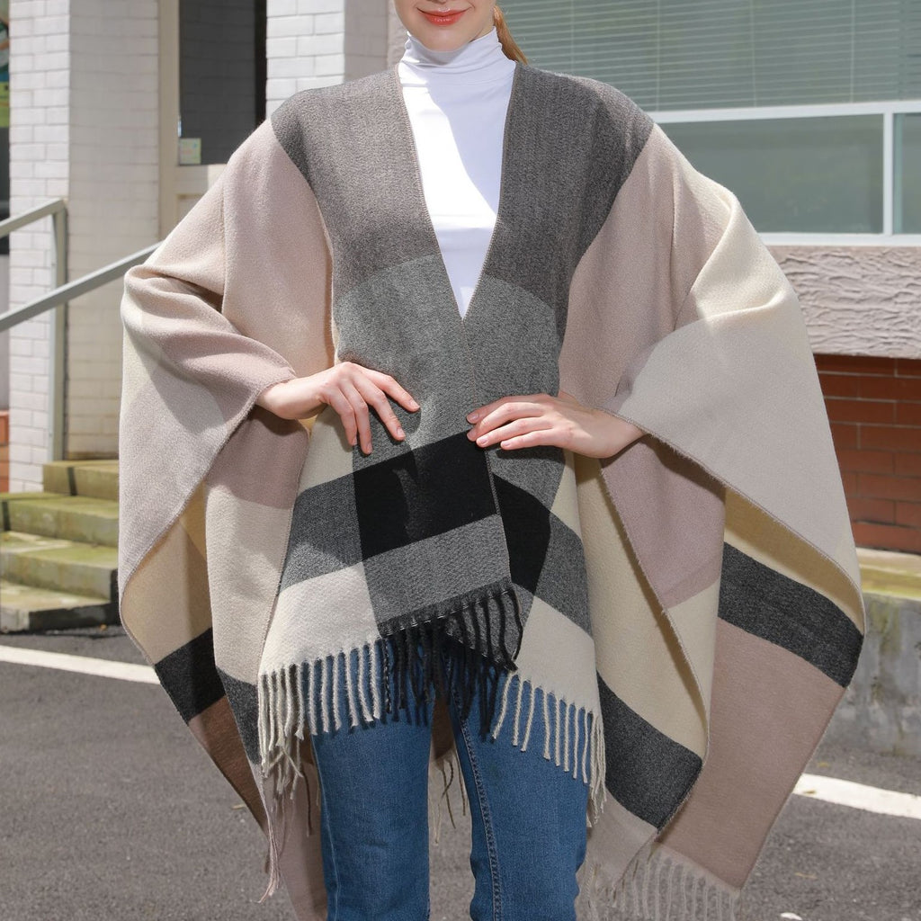 Large Block Check Fringed Ruana - BEIGE