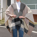 Large Block Check Fringed Ruana - BEIGE