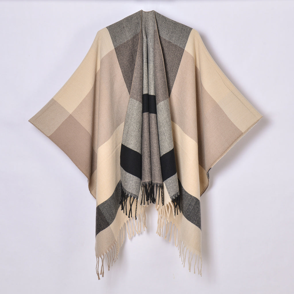 Large Block Check Fringed Ruana - BEIGE - 1
