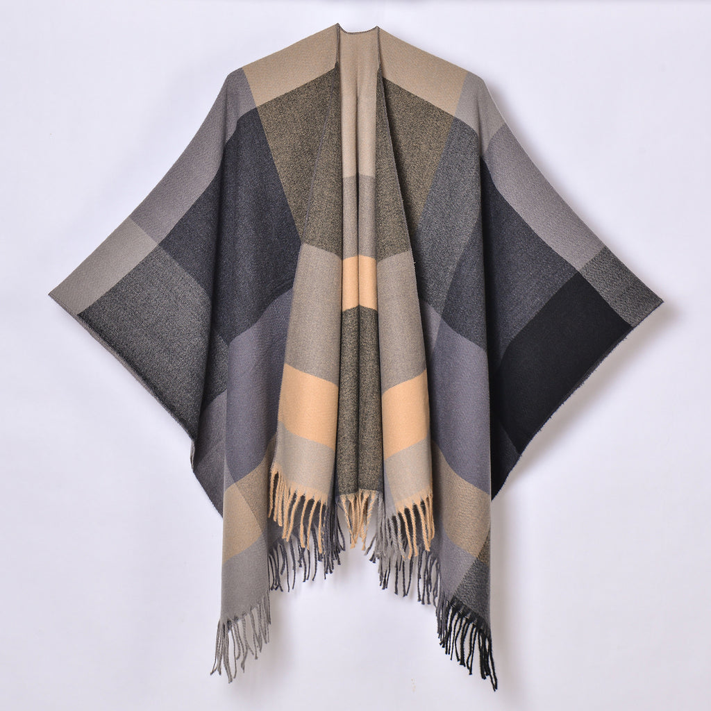 Large Block Check Fringed Ruana - BLACK
