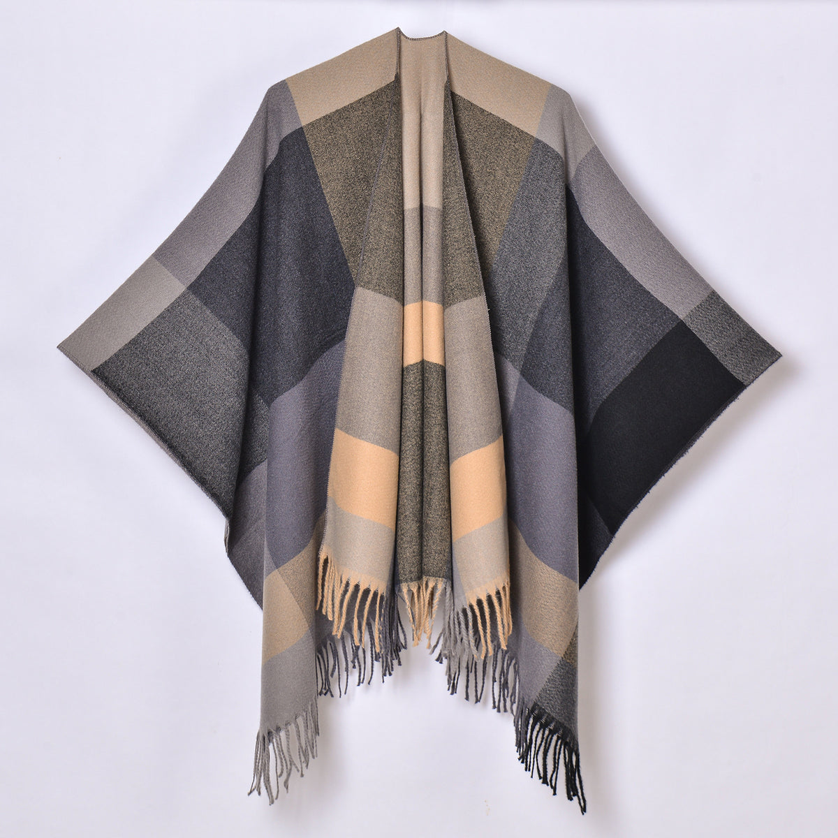 Large Block Check Fringed Ruana - BLACK