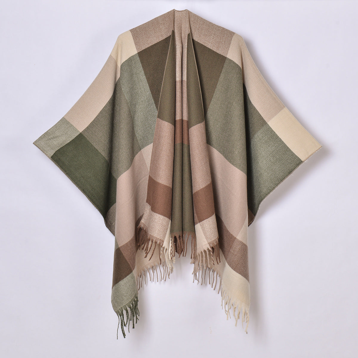 Large Block Check Fringed Ruana - OLIVE