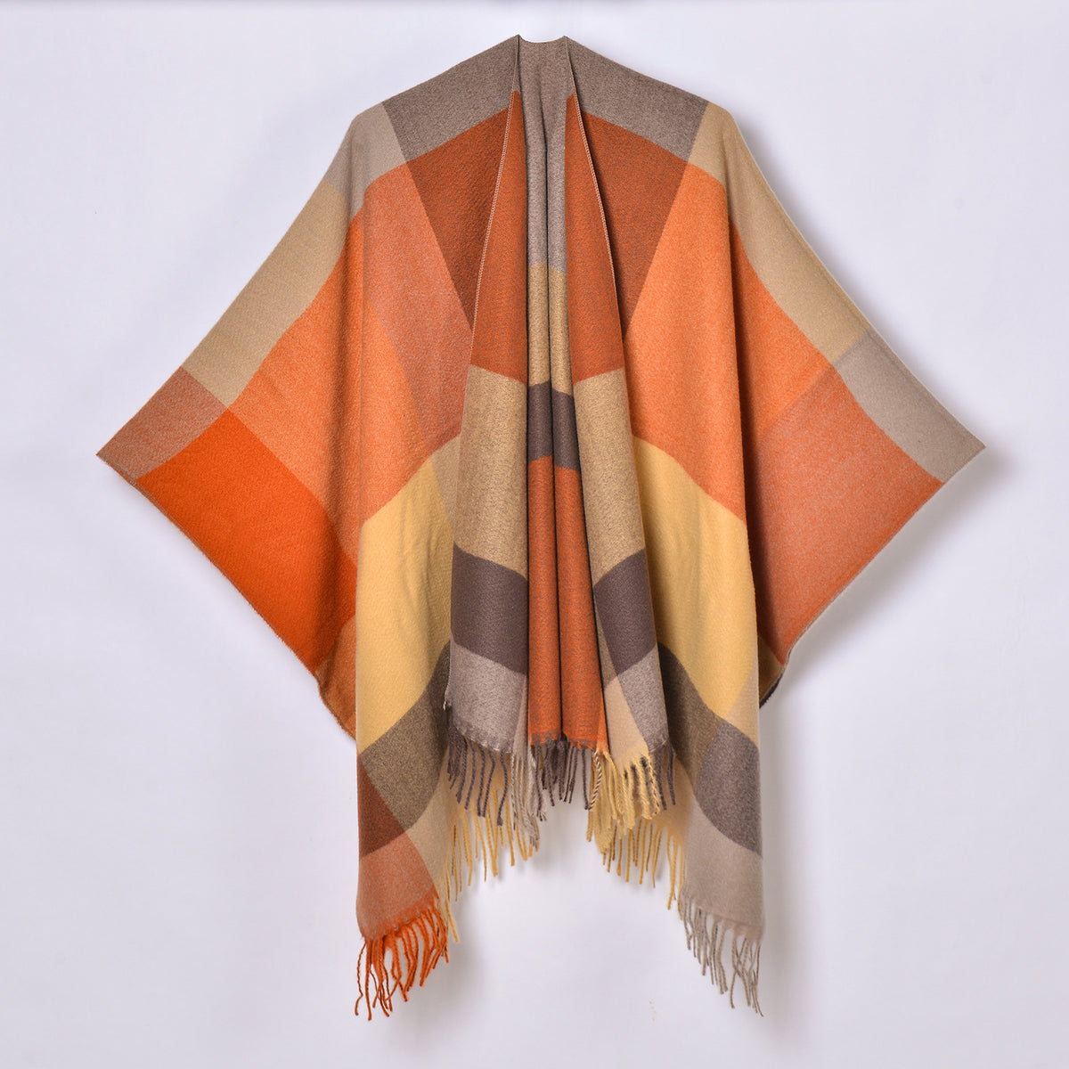 Large Block Check Fringed Ruana - ORANGE