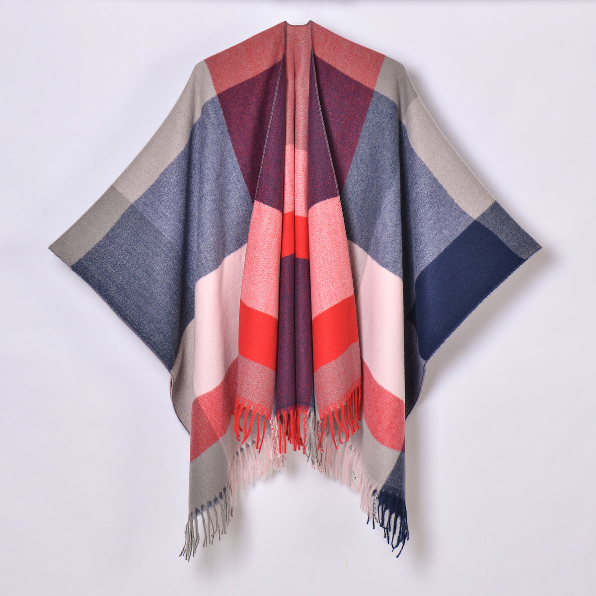 Large Block Check Fringed Ruana - RED