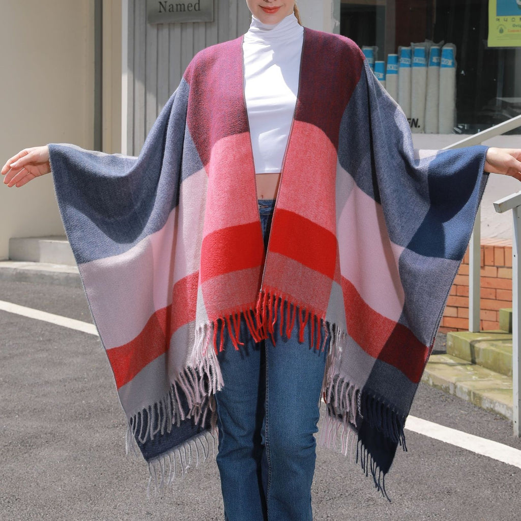 Large Block Check Fringed Ruana - RED - 1