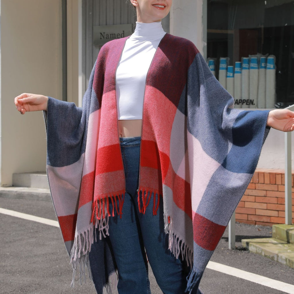 Large Block Check Fringed Ruana - RED - 2