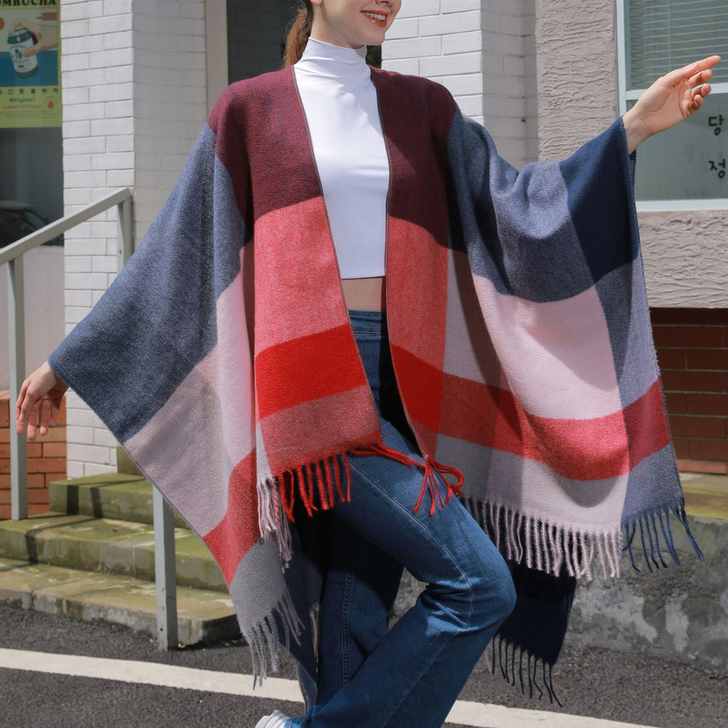 Large Block Check Fringed Ruana - RED - 3