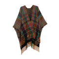 Southwestern Check Fringed Ruana Cape - chocolate