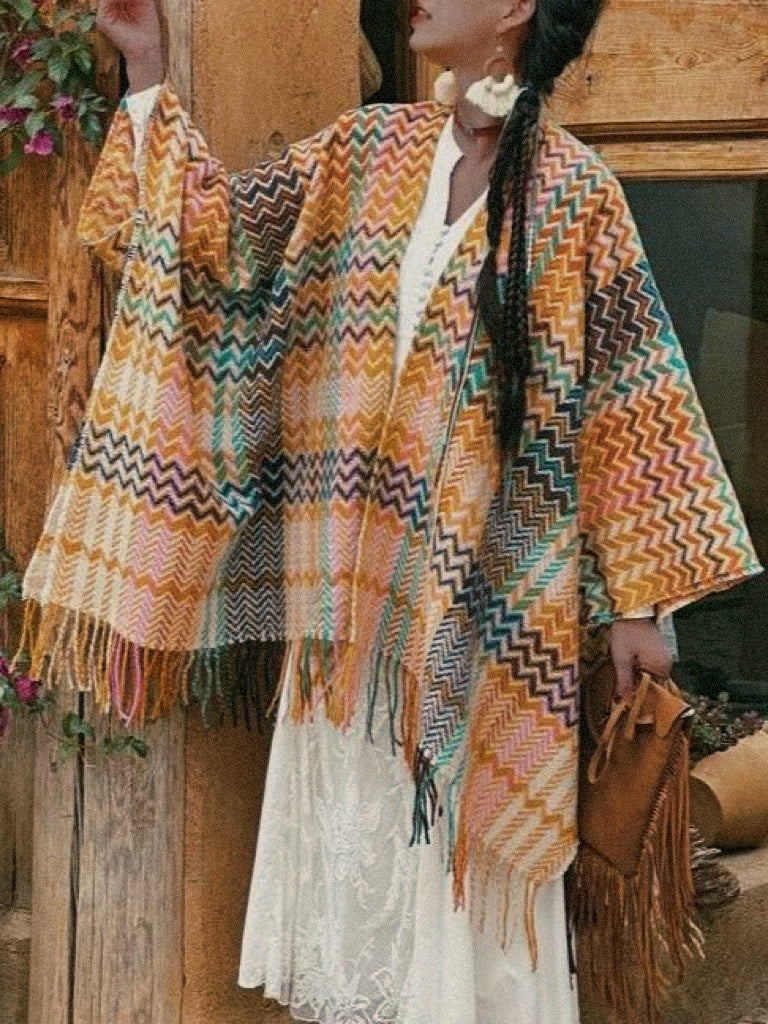 Southwestern Check Fringed Ruana Cape