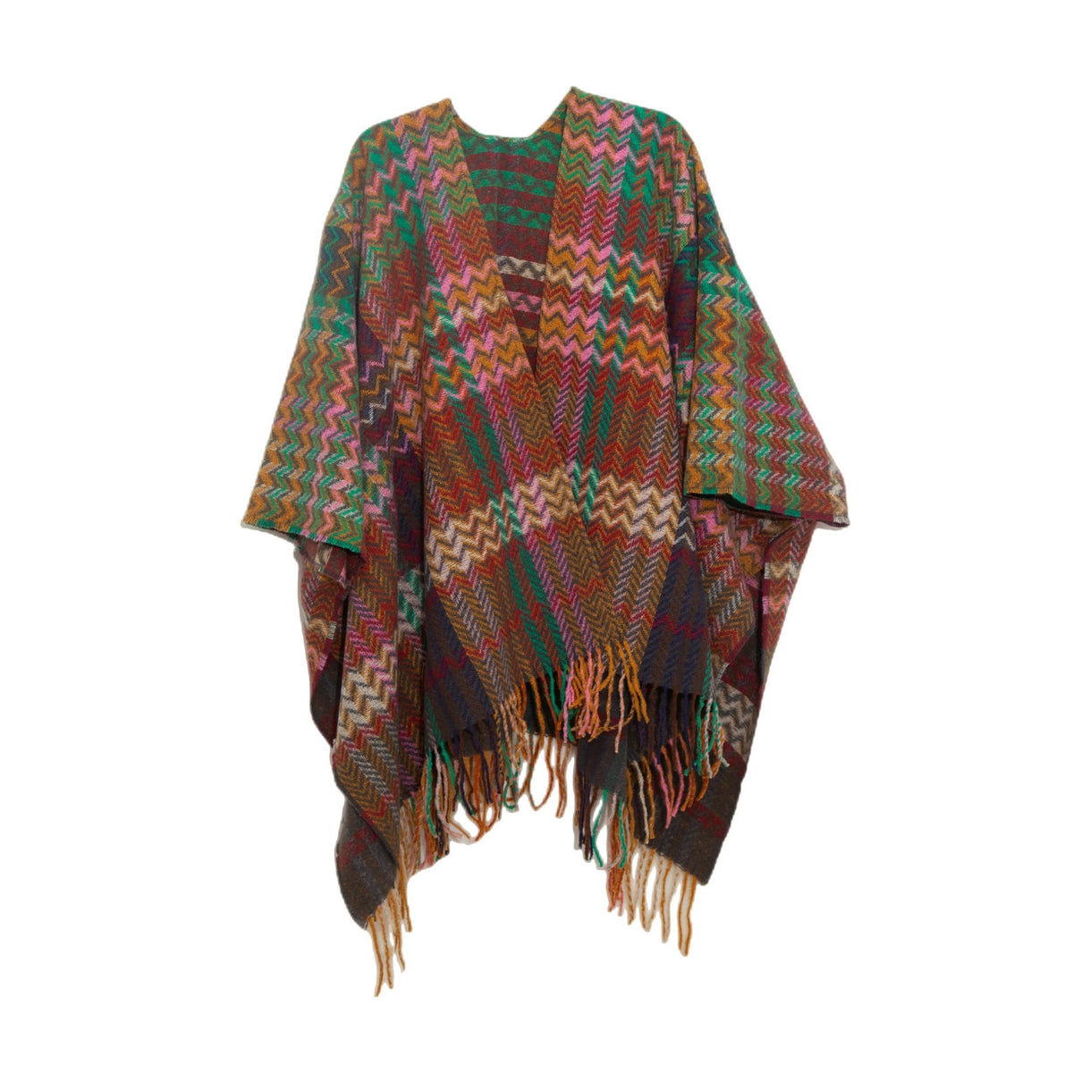 Southwestern Check Fringed Ruana Cape - green