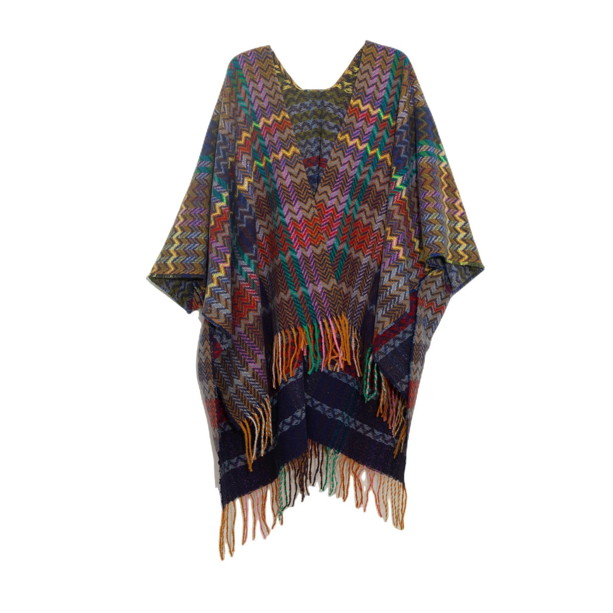 Southwestern Check Fringed Ruana Cape - navy