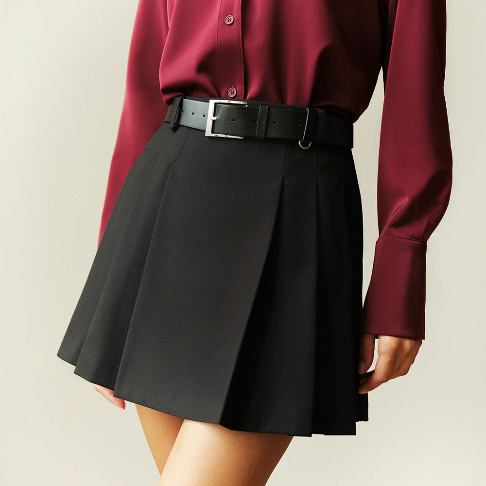 Belted Box Pleat Mini Skirt - Black