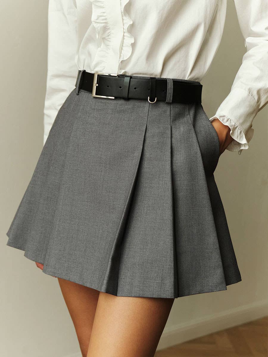 Belted Box Pleat Mini Skirt