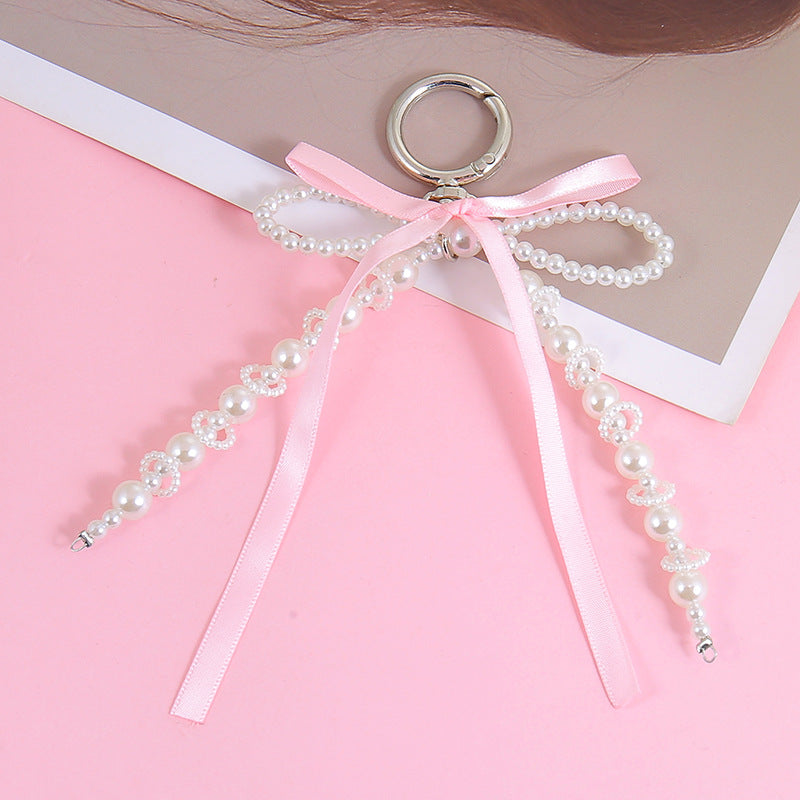 Pearl Beaded Ribbon Bow Bag Charm Keychain - C1