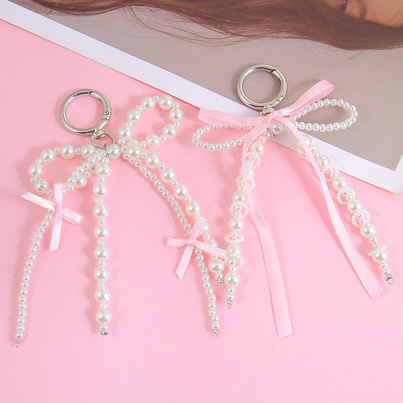 Pearl Beaded Ribbon Bow Bag Charm Keychain