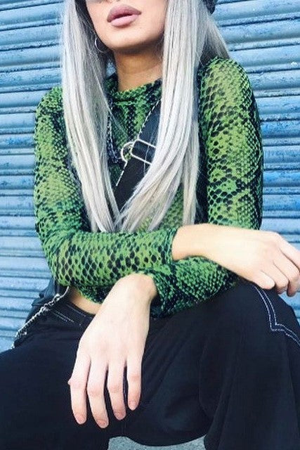 Snake Print Sheer Mesh Long Sleeve Top - Green - 1