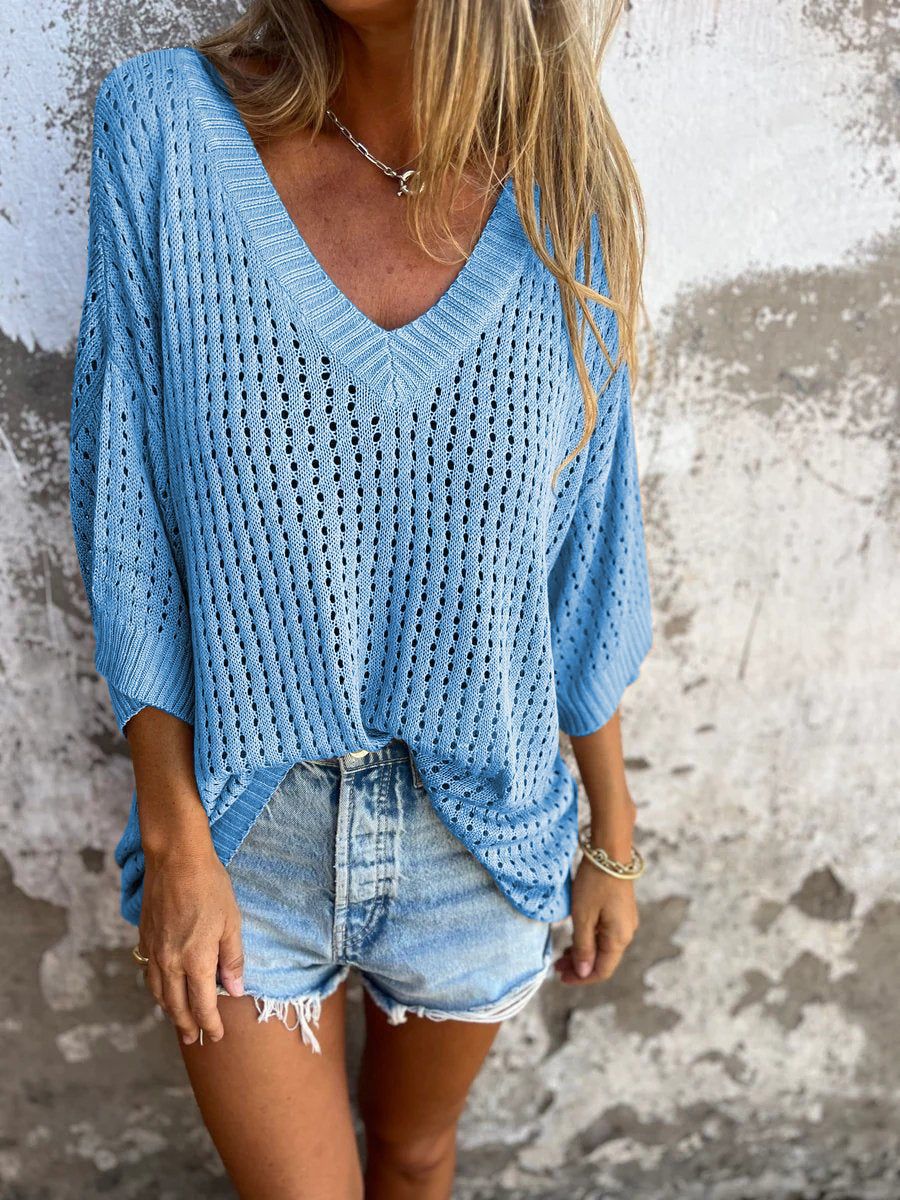 Oversized Open Knit V Neck Top - Blue