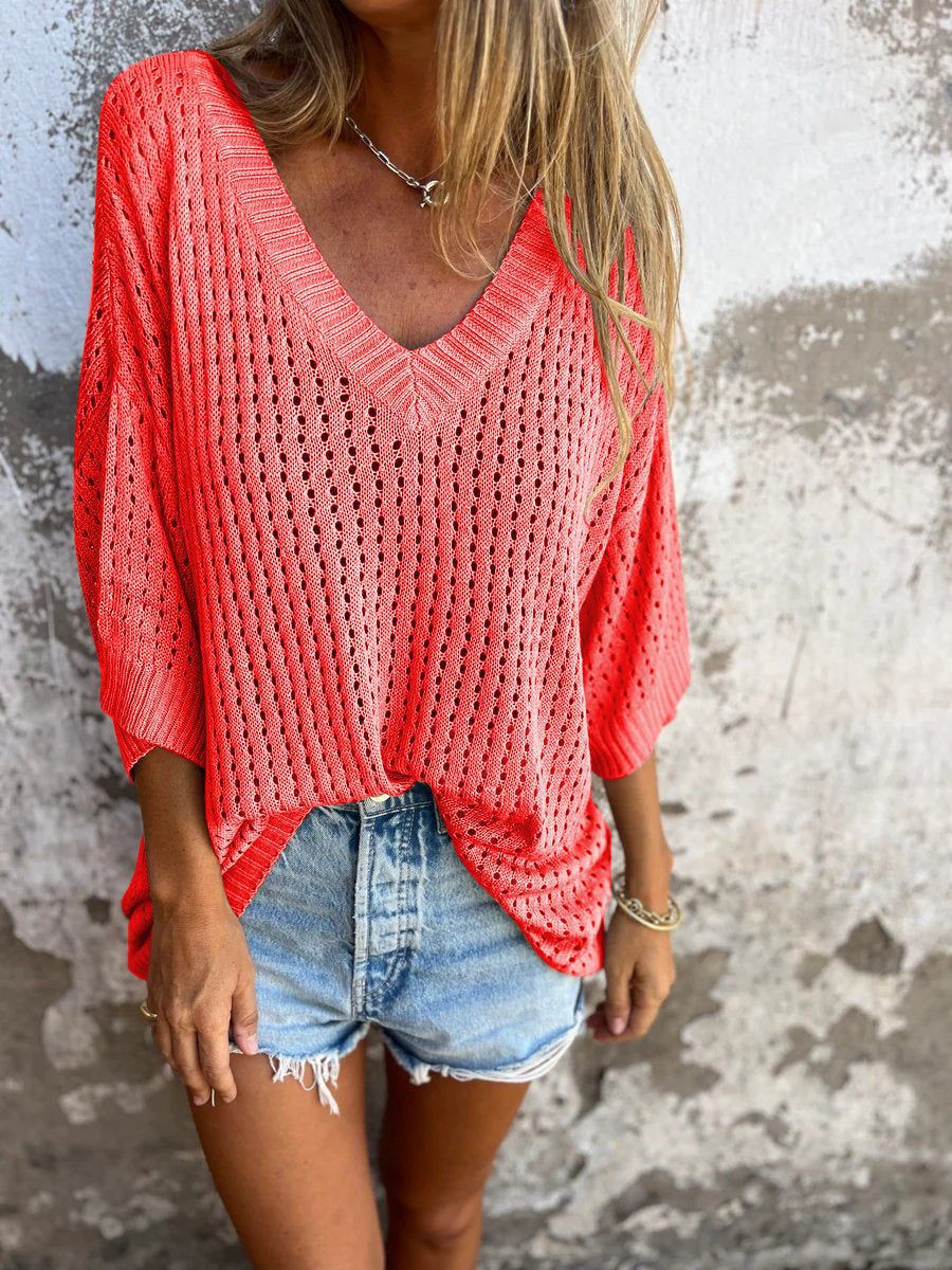 Oversized Open Knit V Neck Top - coral