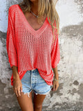Oversized Open Knit V Neck Top - coral