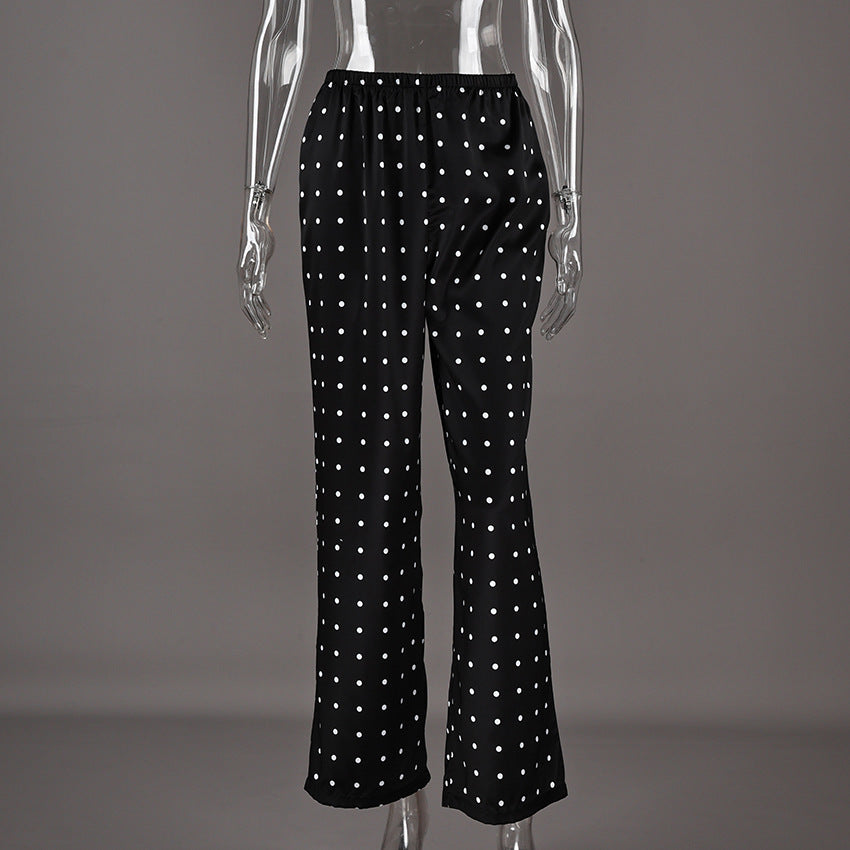 Silky Dot Print Elastic Waist Pants - Black