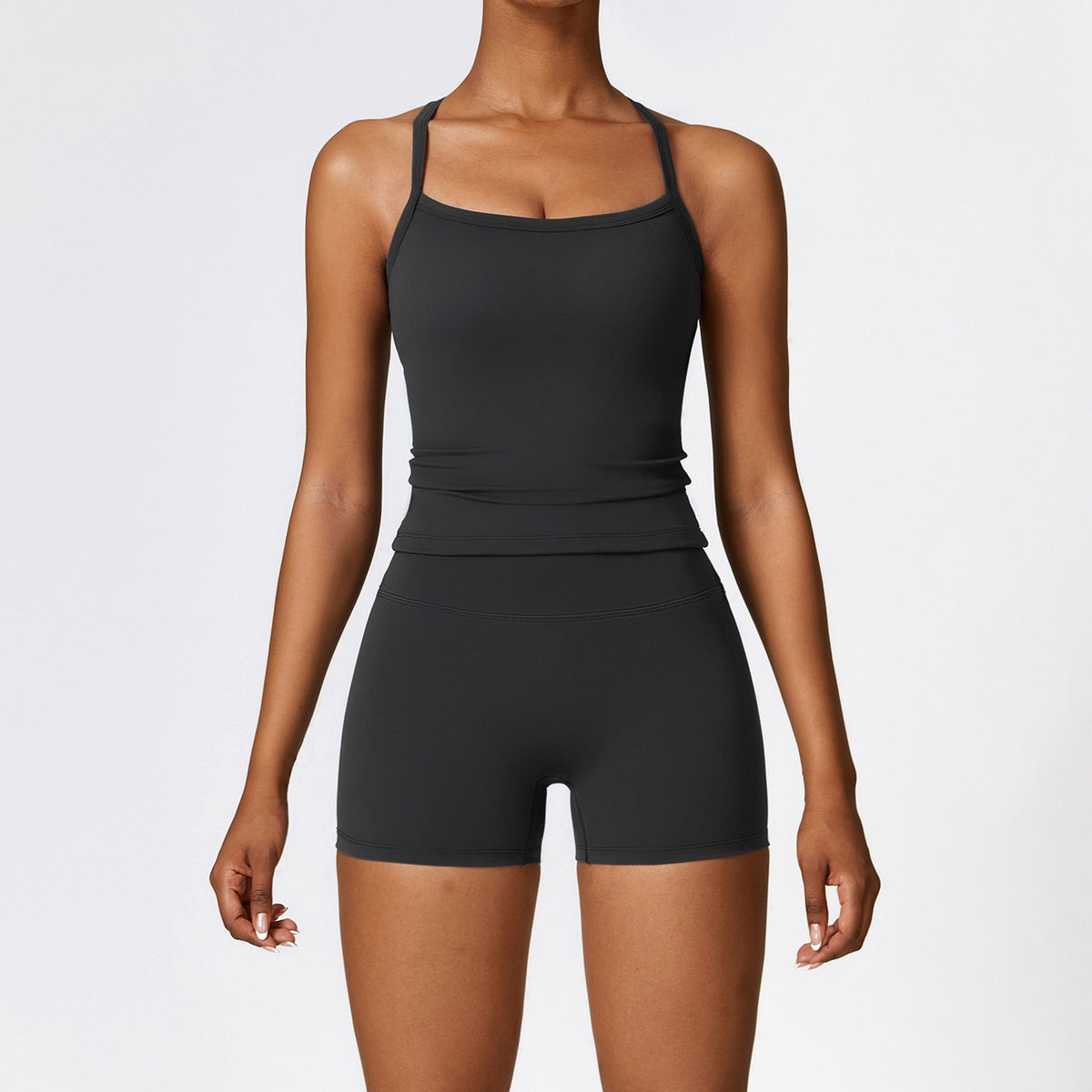 Brushed Fitted Top and High Waist Workout Set - Tank + Shorts Black